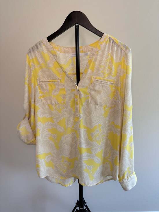 New York & Company Tops - Yellow Floral Patterned Roll-Tab Sleeve Blouse